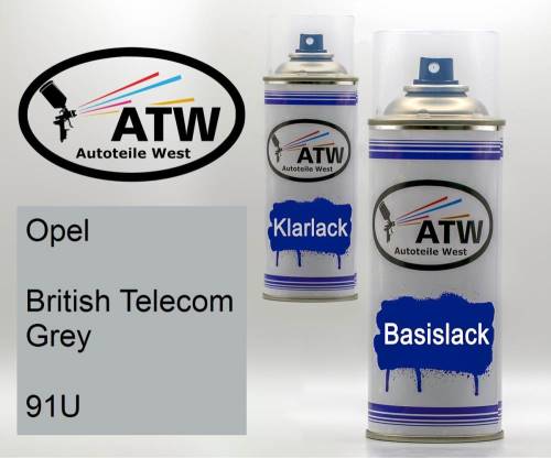 Opel, British Telecom Grey, 91U: 400ml Sprühdose + 400ml Klarlack - Set, von ATW Autoteile West.